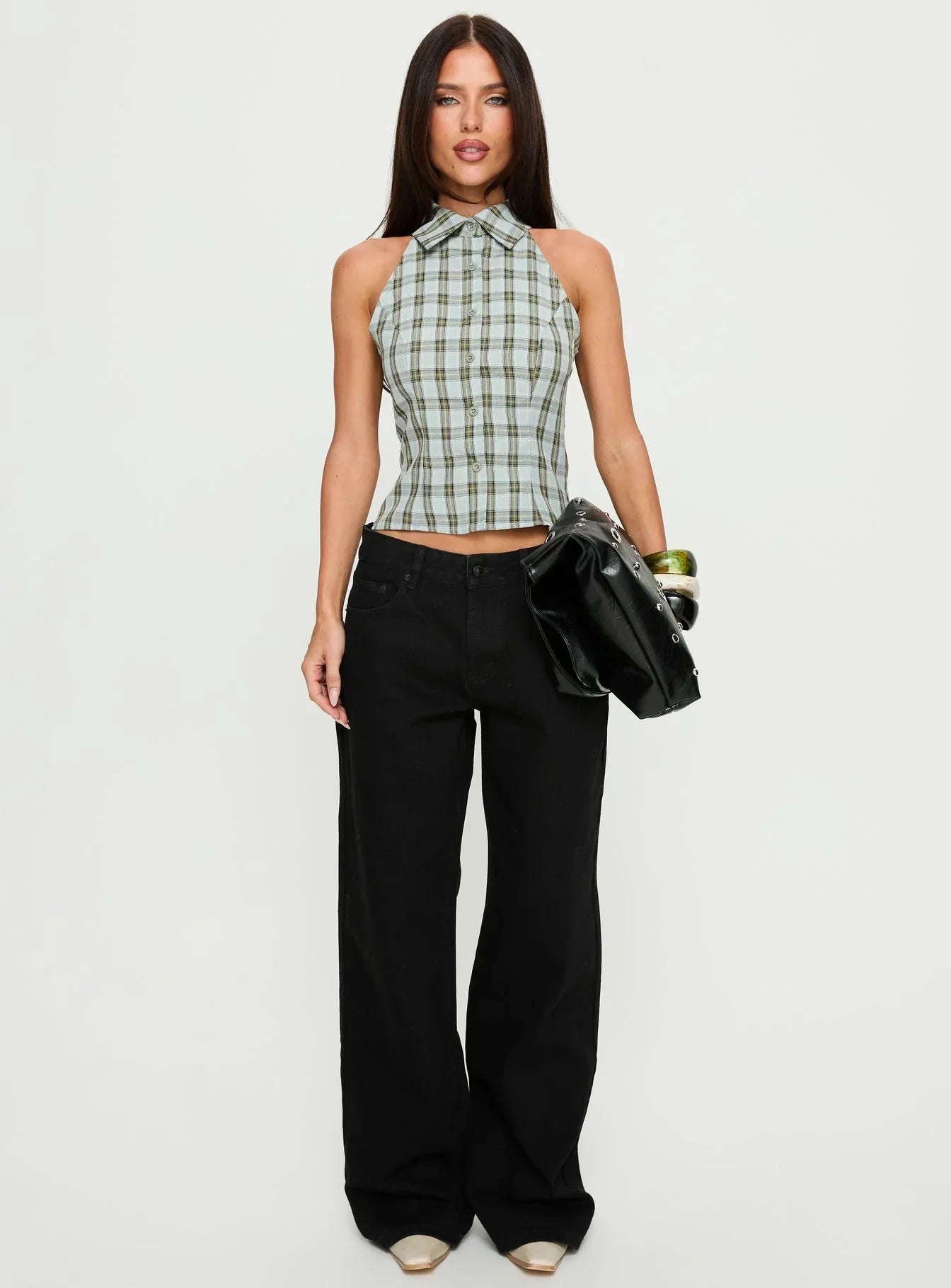 Daleia Sleeveless Collared Top Blue Check