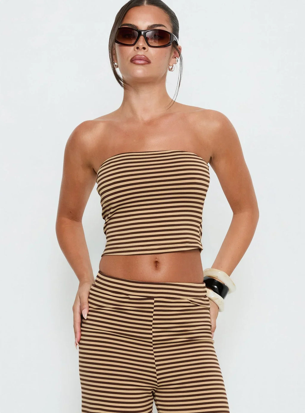 Timora Strapless Top Brown Stripe