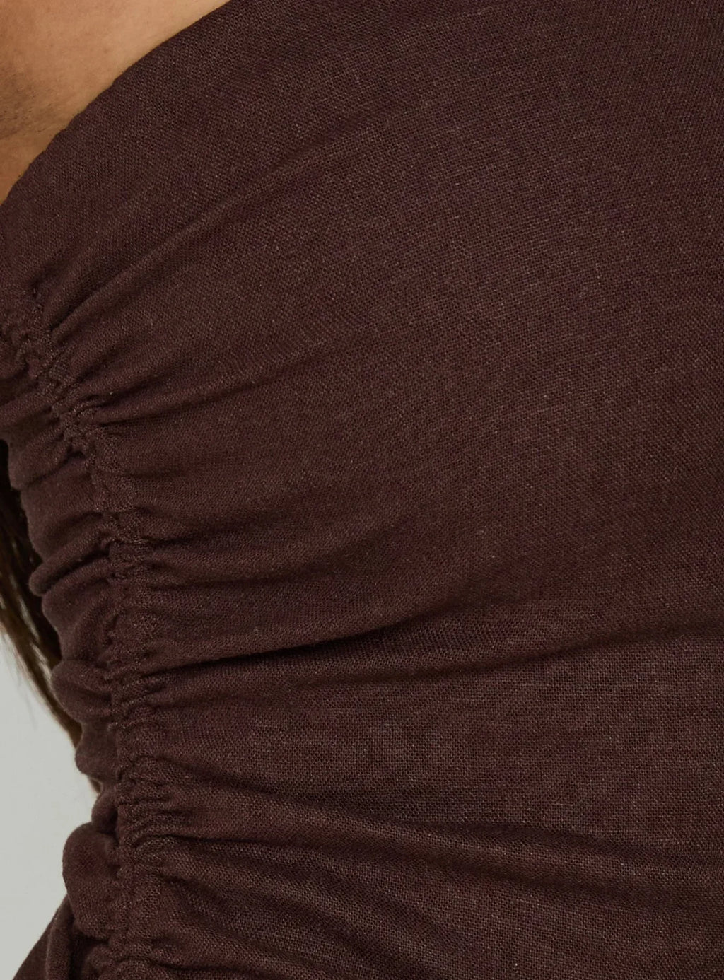 Defined Strapless Gathered Linen Blend Top Brown