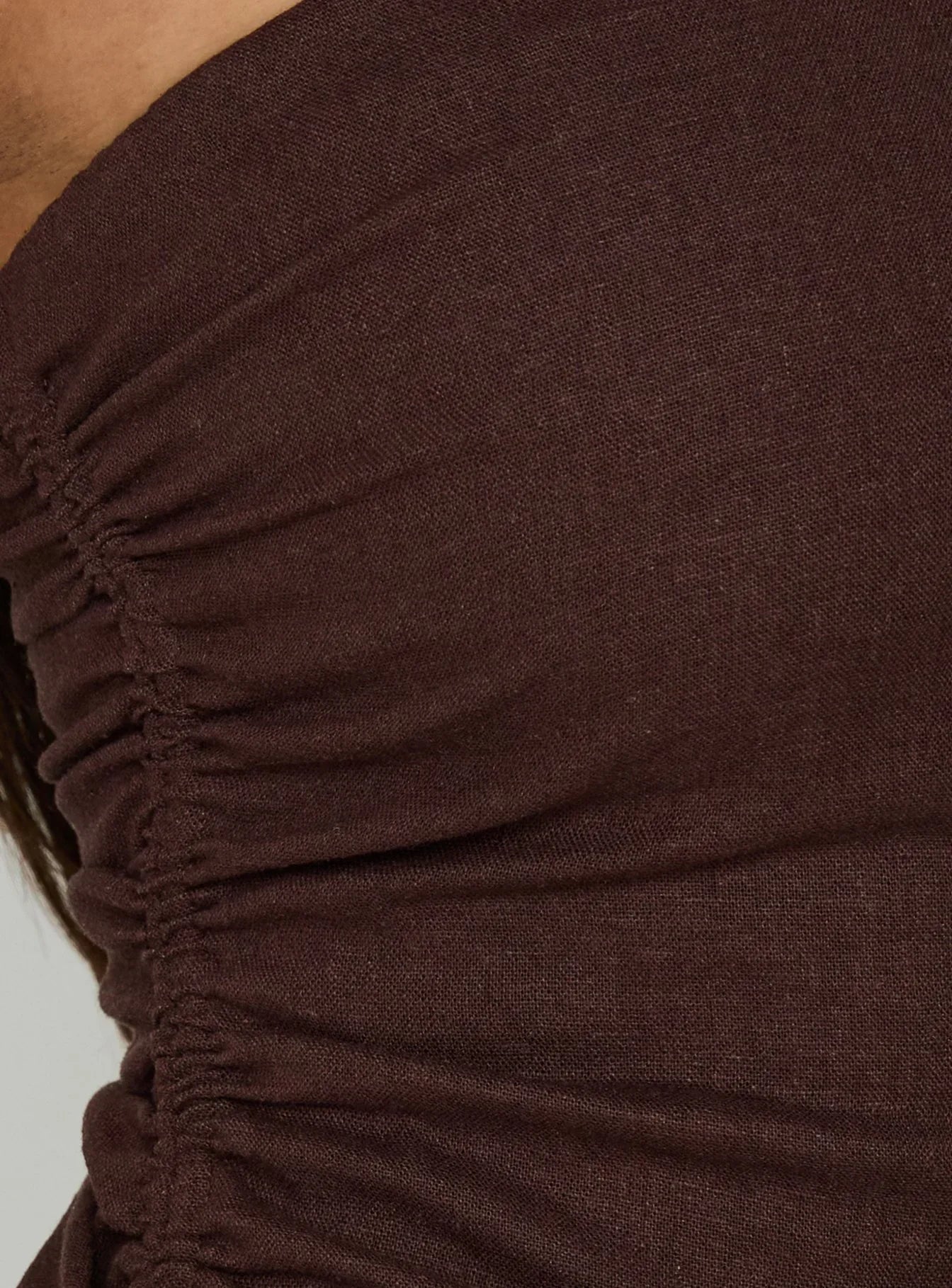 Defined Strapless Gathered Linen Blend Top Brown