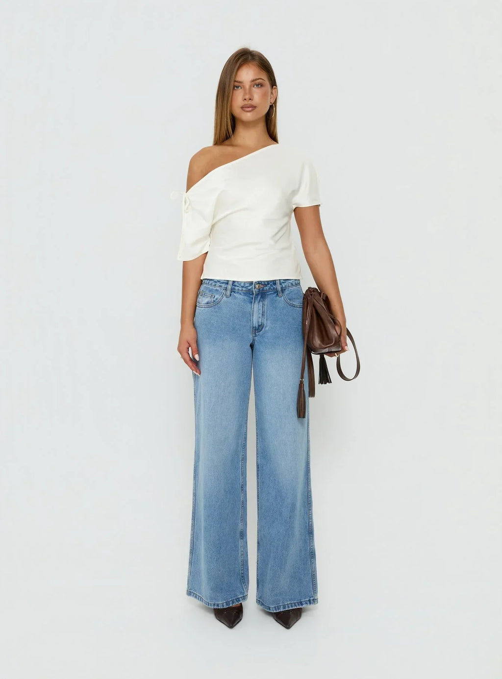 Faisa Off Shoulder Satin Top Cream