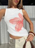 Brontee Boat Neck Asymmetrical Graphic Tank Top White