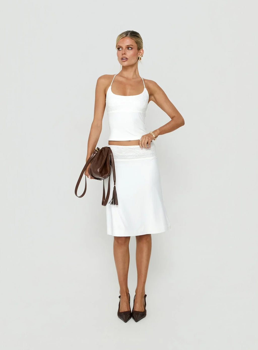 Zenaide Lace Detail Halter Tank Top White