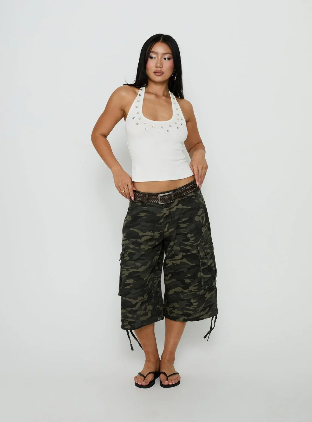 Renara Halter Ribbed Button Top White