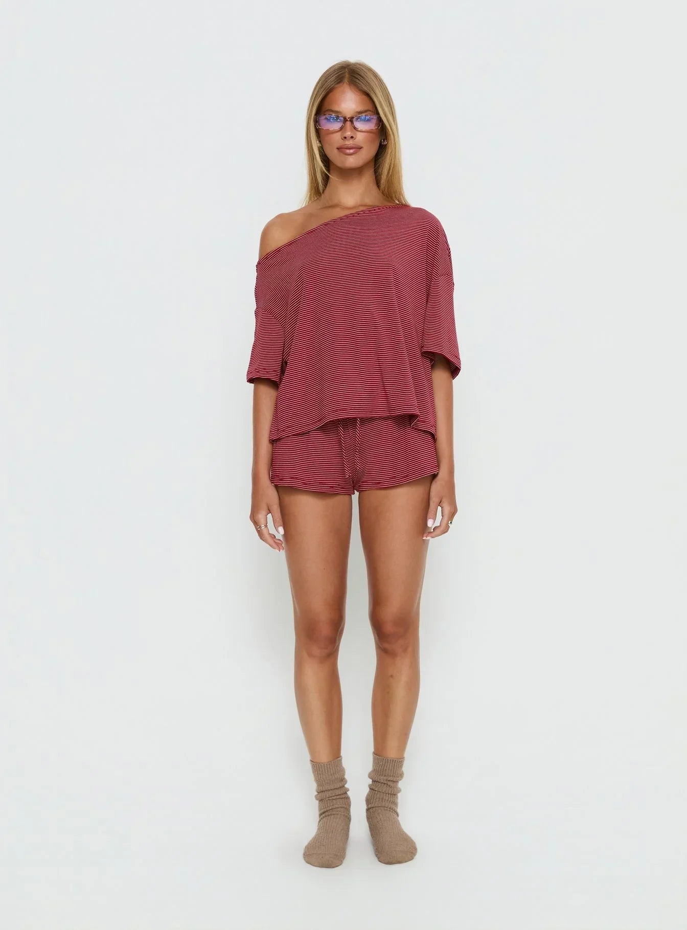Sugar Surge Off Shoulder Sleep Top Cherry Stripe