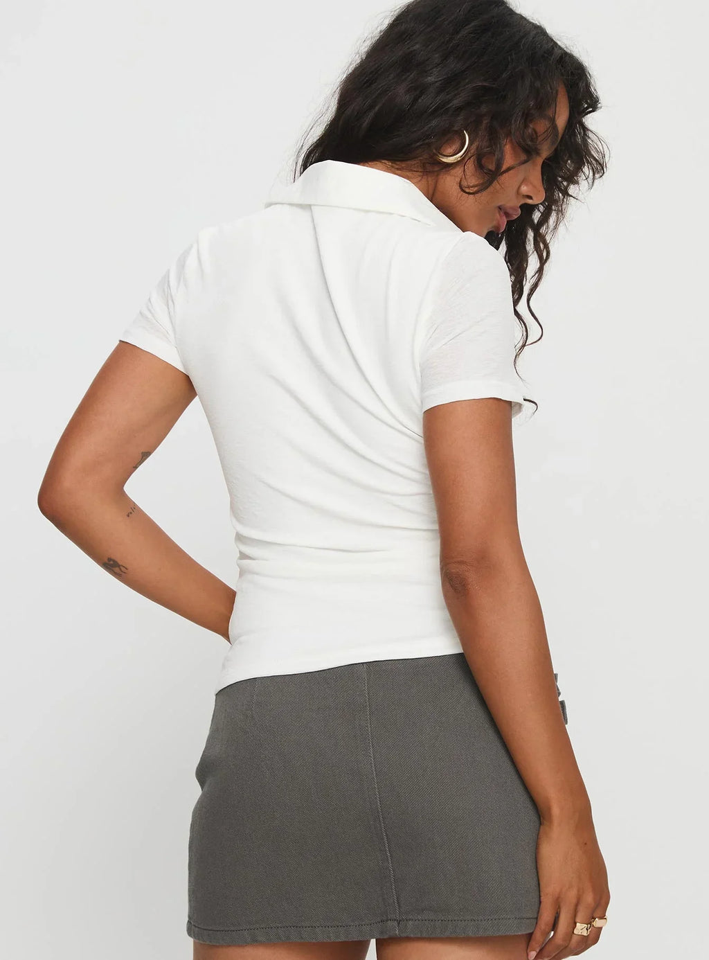 Whirl Shirred Collared Top White