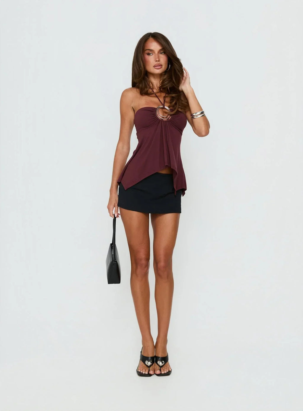 Betsey Ring Detail Tie Neck Top Burgundy