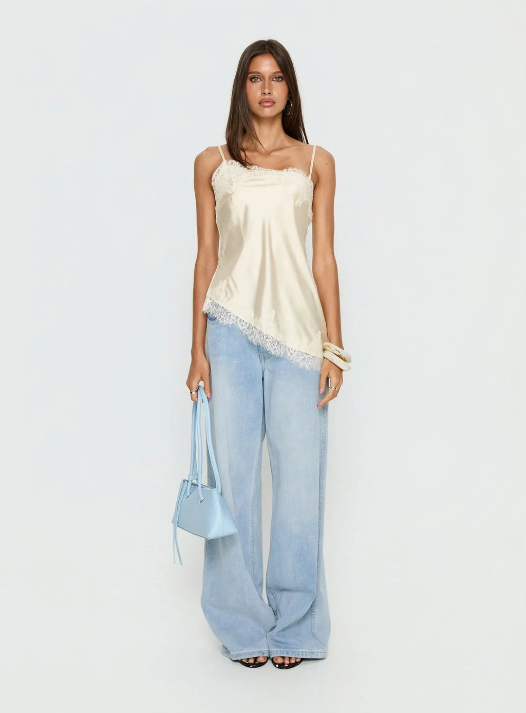 Winta Lace Trim Asymmetrical Satin Top Cream