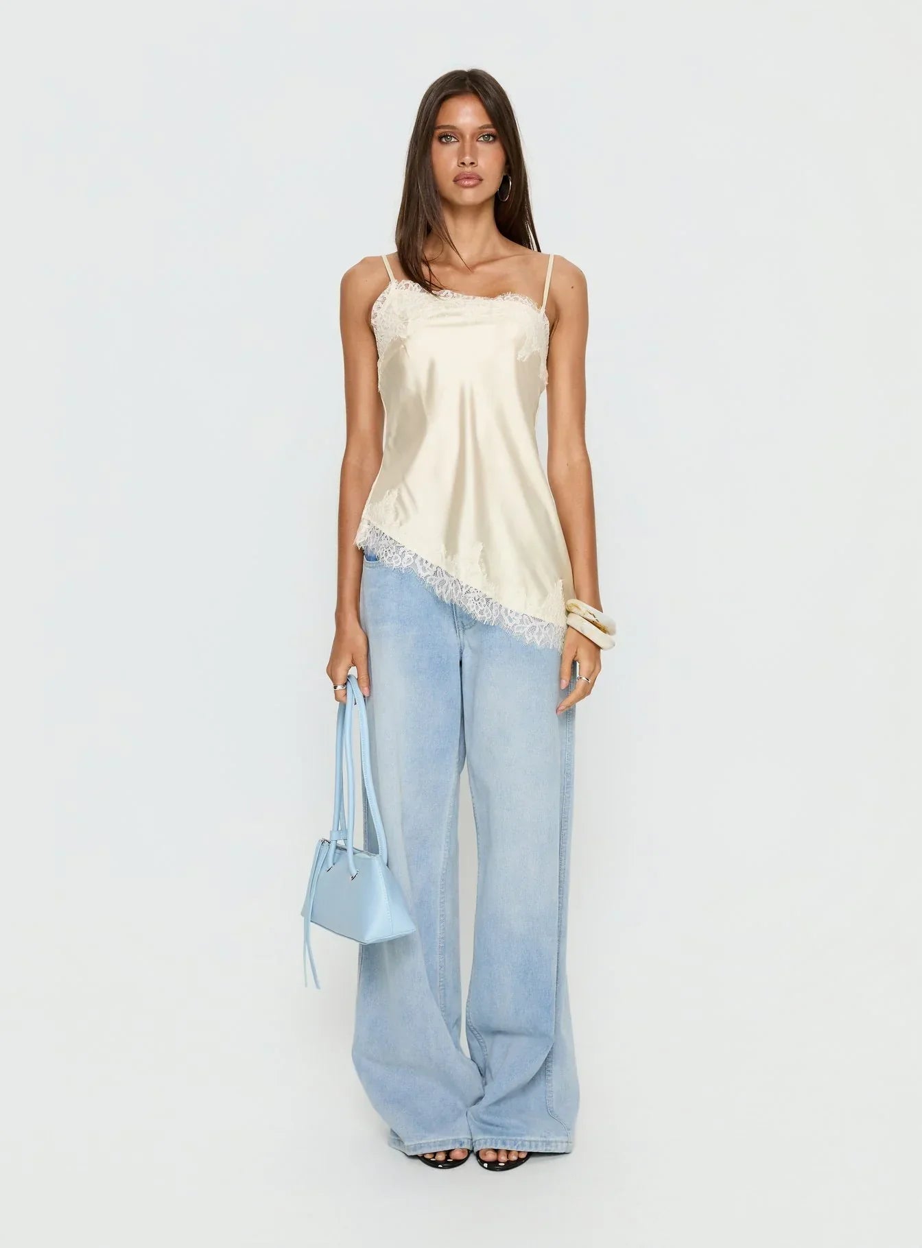 Winta Lace Trim Asymmetrical Satin Top Cream